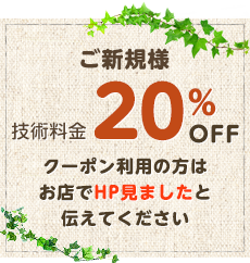 ご新規様、技術料金　20％OFF。クーポン利用の方は、お店でHP見ましたと伝えてください